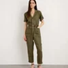 Alex MillStandard Short-Sleeve Jumpsuit In Linen - Deep Olive