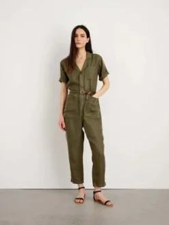 Alex MillStandard Short-Sleeve Jumpsuit In Linen - Deep Olive