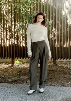 AMOMENTOAmomento Stripe Wide Tuck Wool Pants - Brown