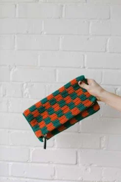Clare V.Foldover Clutch With Tabs - Deep Sea/Blood Orange Crochet
